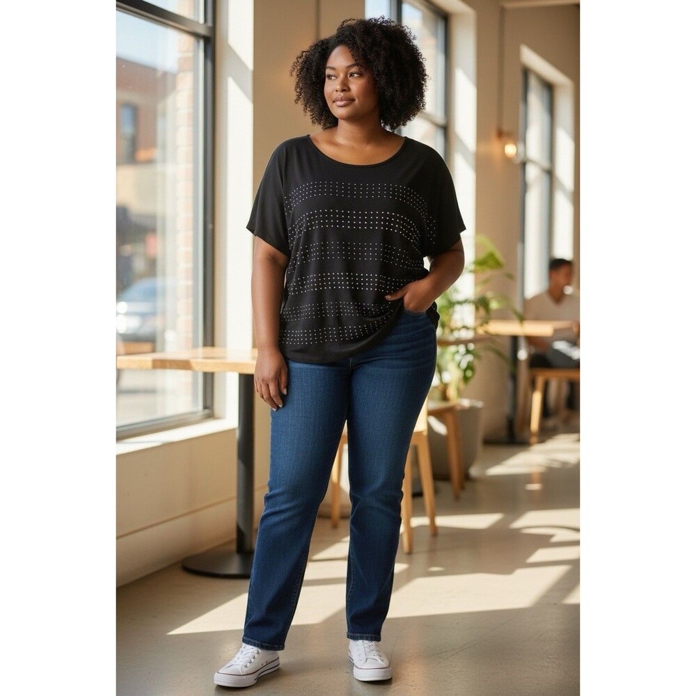 Apt 9 Black Studded Short Sleeve Women’s Top 2X Comfortable Relax Stretch Casual